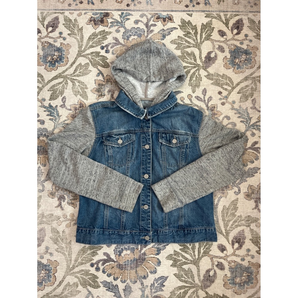 Mudd Denim Jacket Women XL Blue Grey Hooded Mixed Media Excellent Trucker